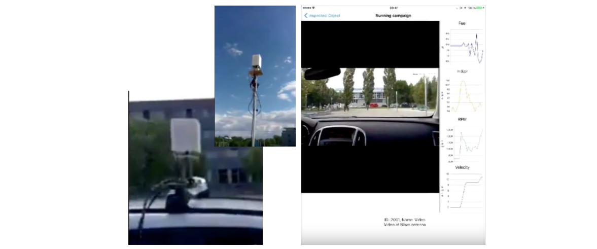 Two antennas and the view of the app showing HD video stream and other sensor readings from the car.